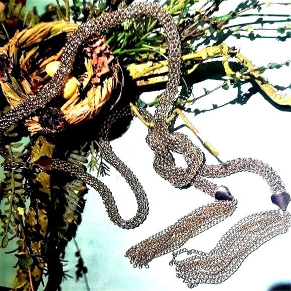 Lariat Style Woven Chain Necklace Tassels Gold tone Vintage 80"s - Picture 5 of 6